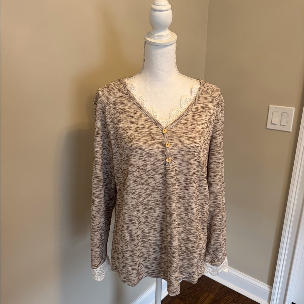 Women's Beige and Lace Long Sleeve Top
